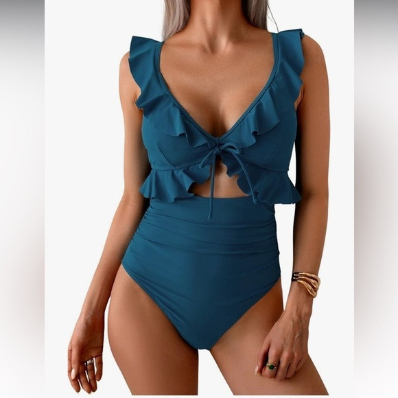 Elegant Blue Cutout, Ruffle One-Piece Swimsuit | Poshmark