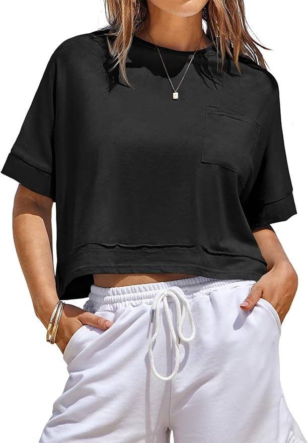 Fisoew Womens Oversized Crop Tops Workout Short Sleeve T Shirts Summer Casual Loose Fit Basic Tee... | Amazon (US)