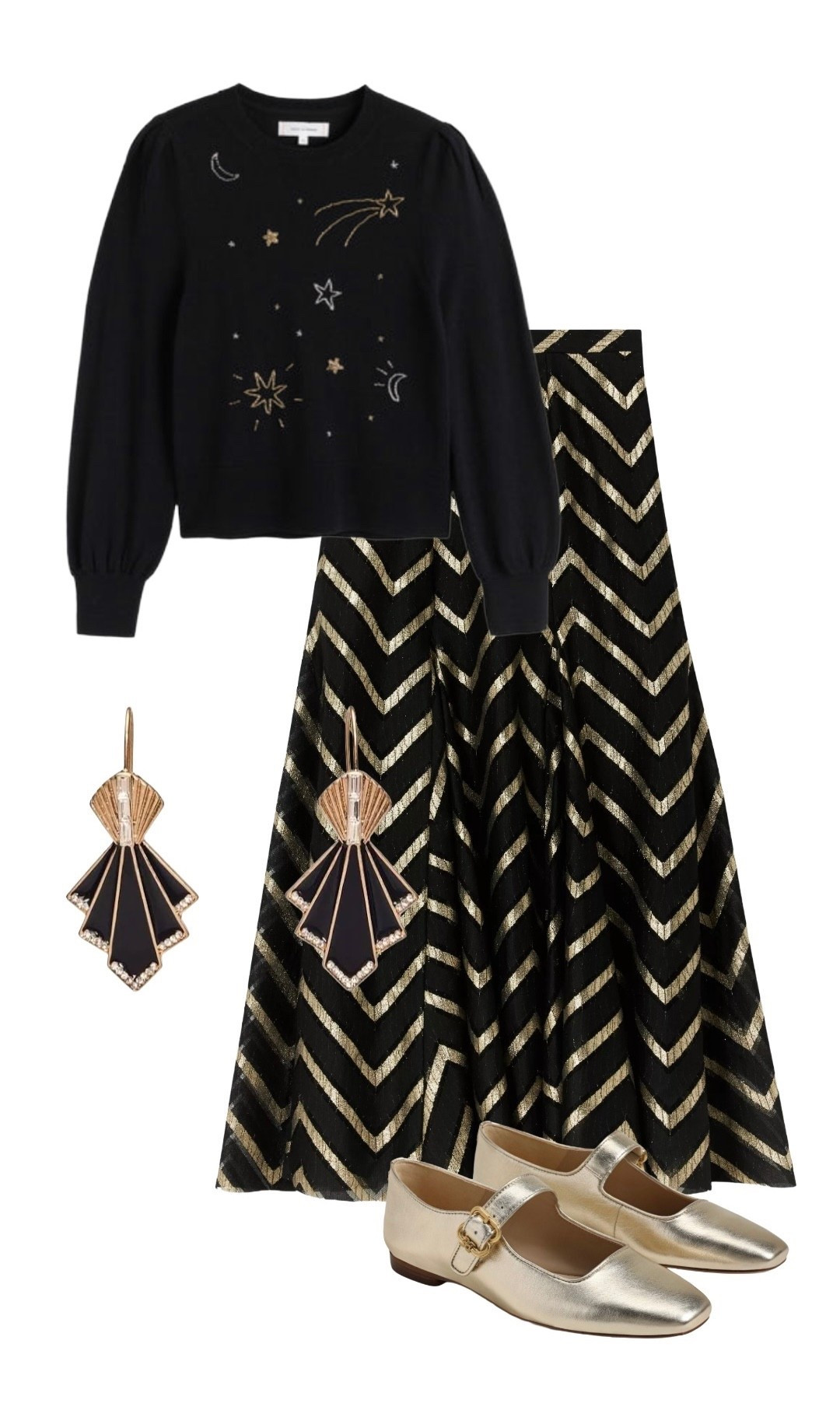 Black & Gold Celestial Art Deco Style 🌙 ✨ This is the kind of look that ticks all my boxes for a Christmas and / or New Year’s Eve house party - cosy (thanks to the sweater), comfortable (pretty flat shoes you can dance for hours in) & GLAM! 

Black Constellation Sweater - Chinti & Parker - ON SALE 

Celestial Black Satin Handbag - Lulu Guinness (Gift Idea - last orders for guaranteed Christmas delivery 19th Dec!💡 )

Art Deco 1920s Style Fan Earrings Black Gold - by Lovett & Co at Amazon (Gift Idea 💡)

Black & Gold Chevron Maxi Skirt - AND/OR exclusive to John Lewis 

Mary Jane ‘Michela’ Flats in Gold Leather (also on product list in black patent) - Sam Edelman at John Lewis 

#LTKfestive #LTKeurope #LTKpartywear