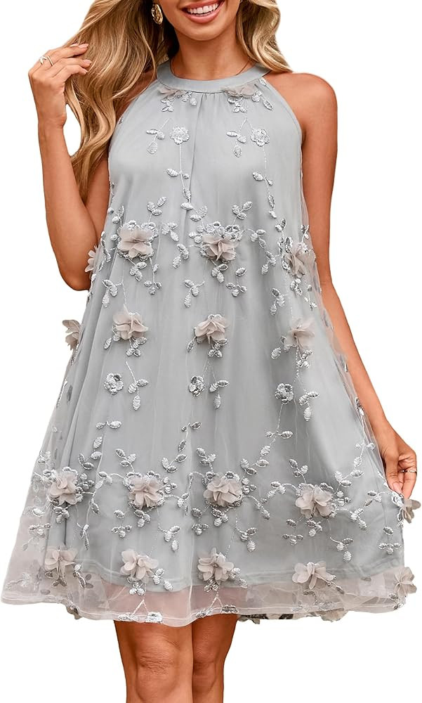 Simplee Women Halter Summer Dress Sleeveless Wedding Guest Tulle Mini Dress Flowy Party Cocktail ... | Amazon (US)
