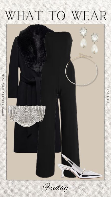 What to wear - Friday. Winter Night out outfit idea for date night or happy hour. Elegant party outfit idea, winter wedding guest outfit. Jumpsuit, silver bag and heels, fur coat. 

#LTKparties #LTKSeasonal #LTKstyletip