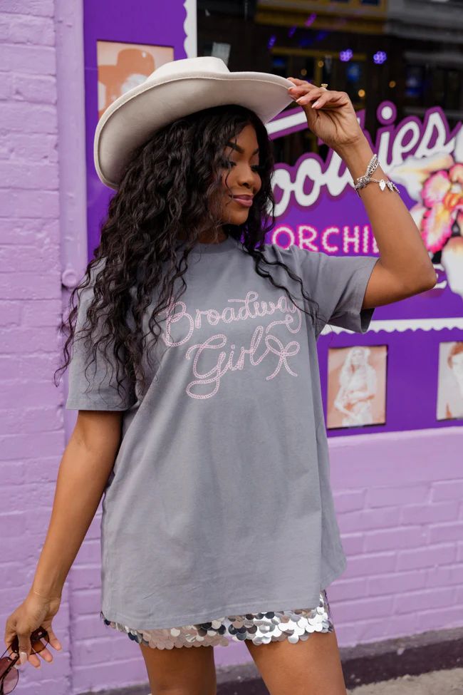 Broadway Girl Grey Oversized Graphic Tee | Pink Lily