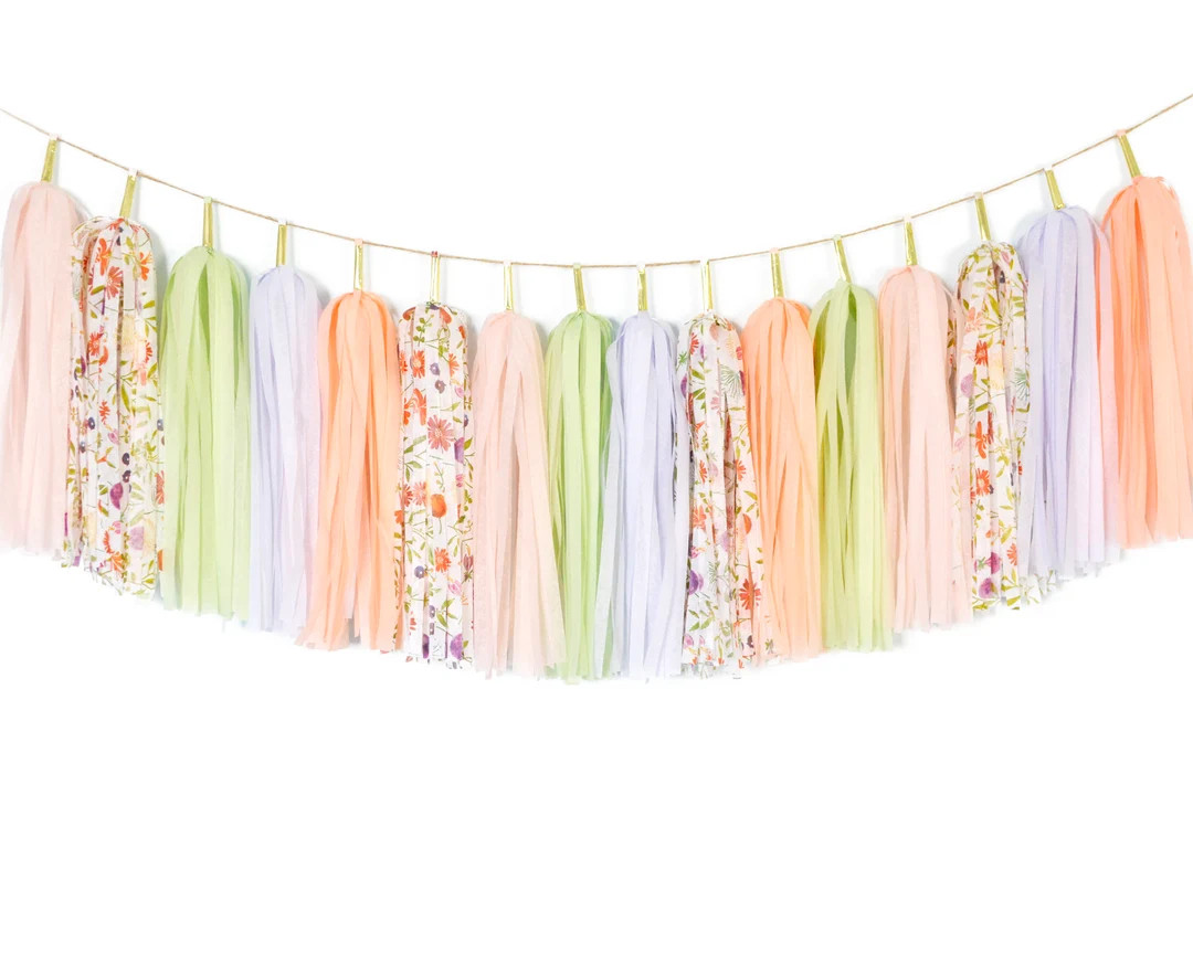 ASSEMBLED Floral Pastels Tassel Garland, Vintage Garden Flowers Princess Party Decoration, Baby G... | Etsy (US)
