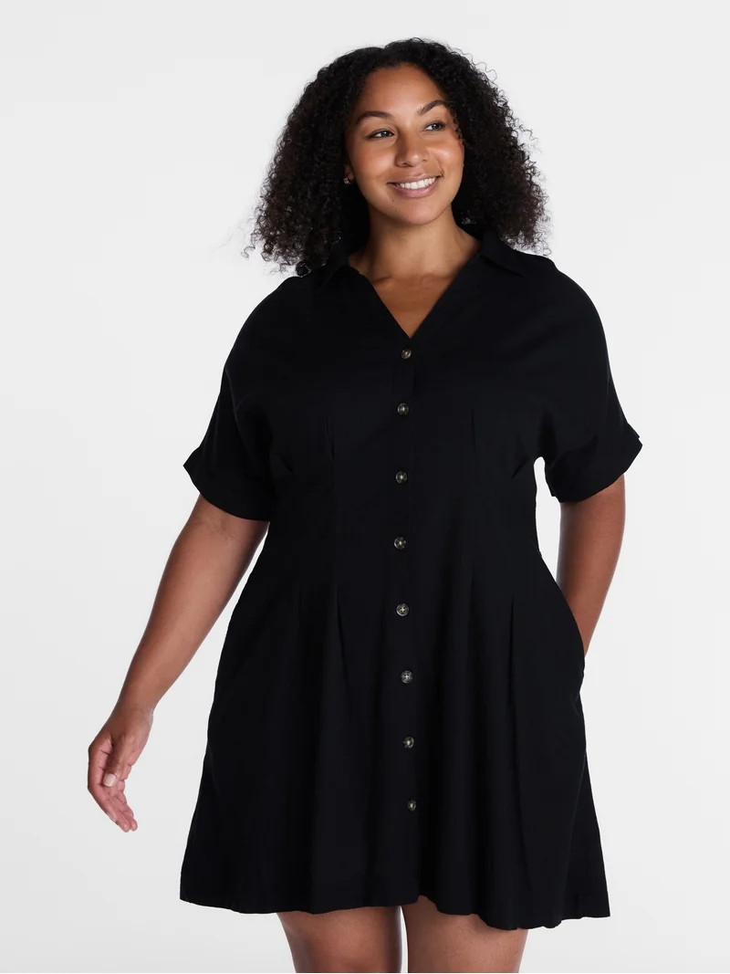 Time and Tru Women's Linen Blend Pleated Mini Shirtdress with Short Sleeves, Sizes XS-XXXL | Walmart (US)