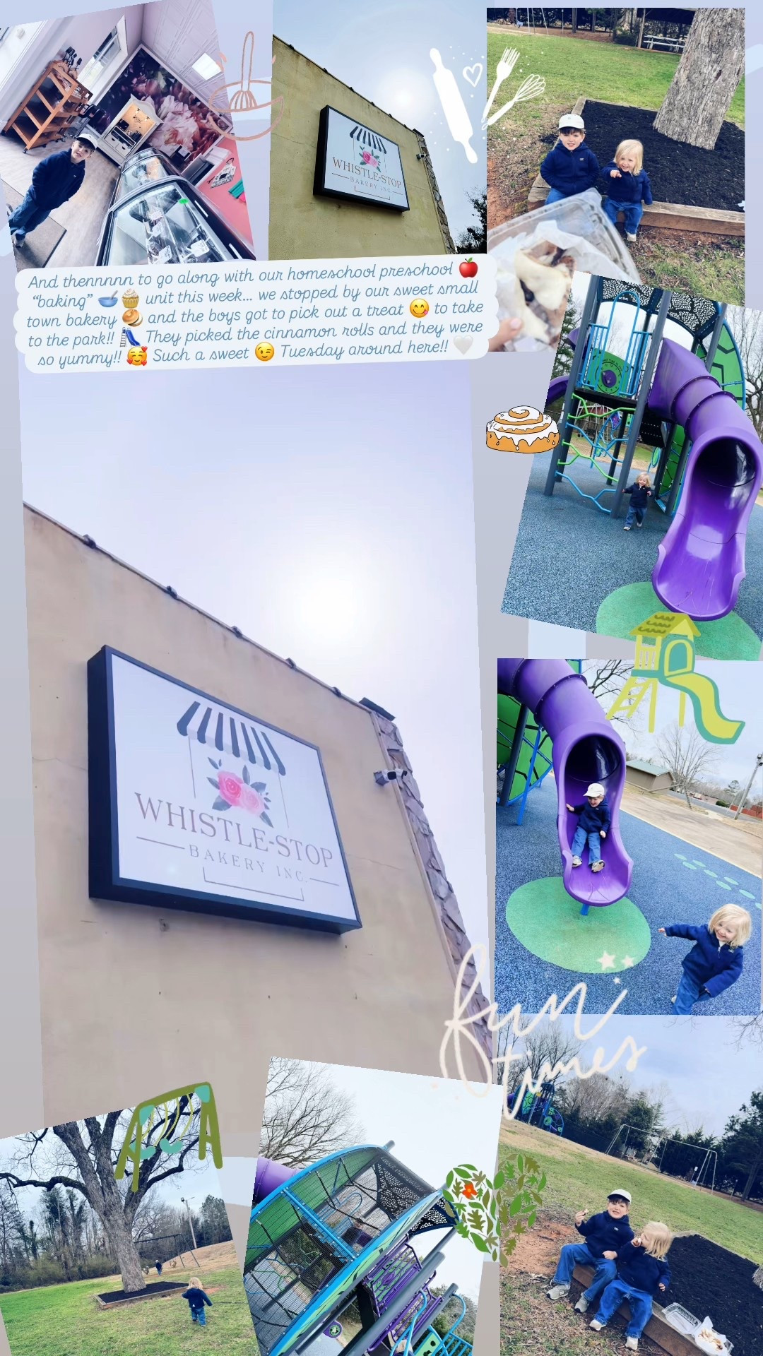 And thennnnn to go along with our homeschool preschool 🍎 “baking” 🥣🧁 unit this week… we stopped by our sweet small town bakery 🥯 and the boys got to pick out a treat 😋 to take to the park!! 🛝 They picked the cinnamon rolls and they were so yummy!! 🥰 Such a sweet 😉 Tuesday around here!! 🤍