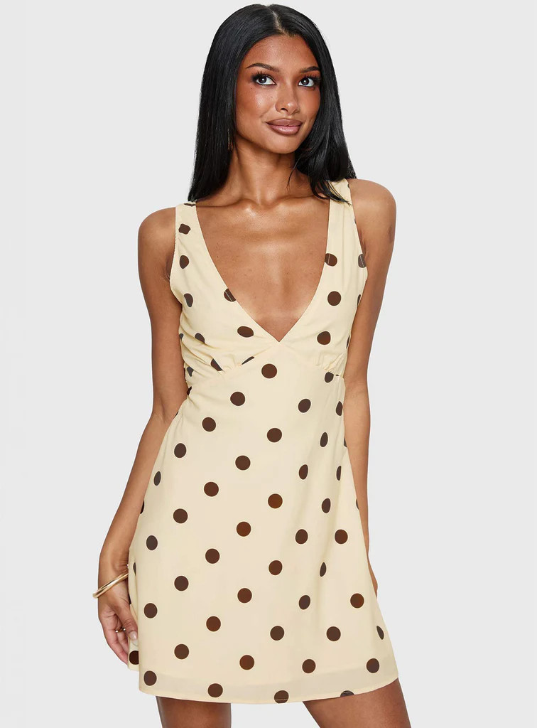Nellie Mini Dress Lemon / Brown Polka Dot | Princess Polly US