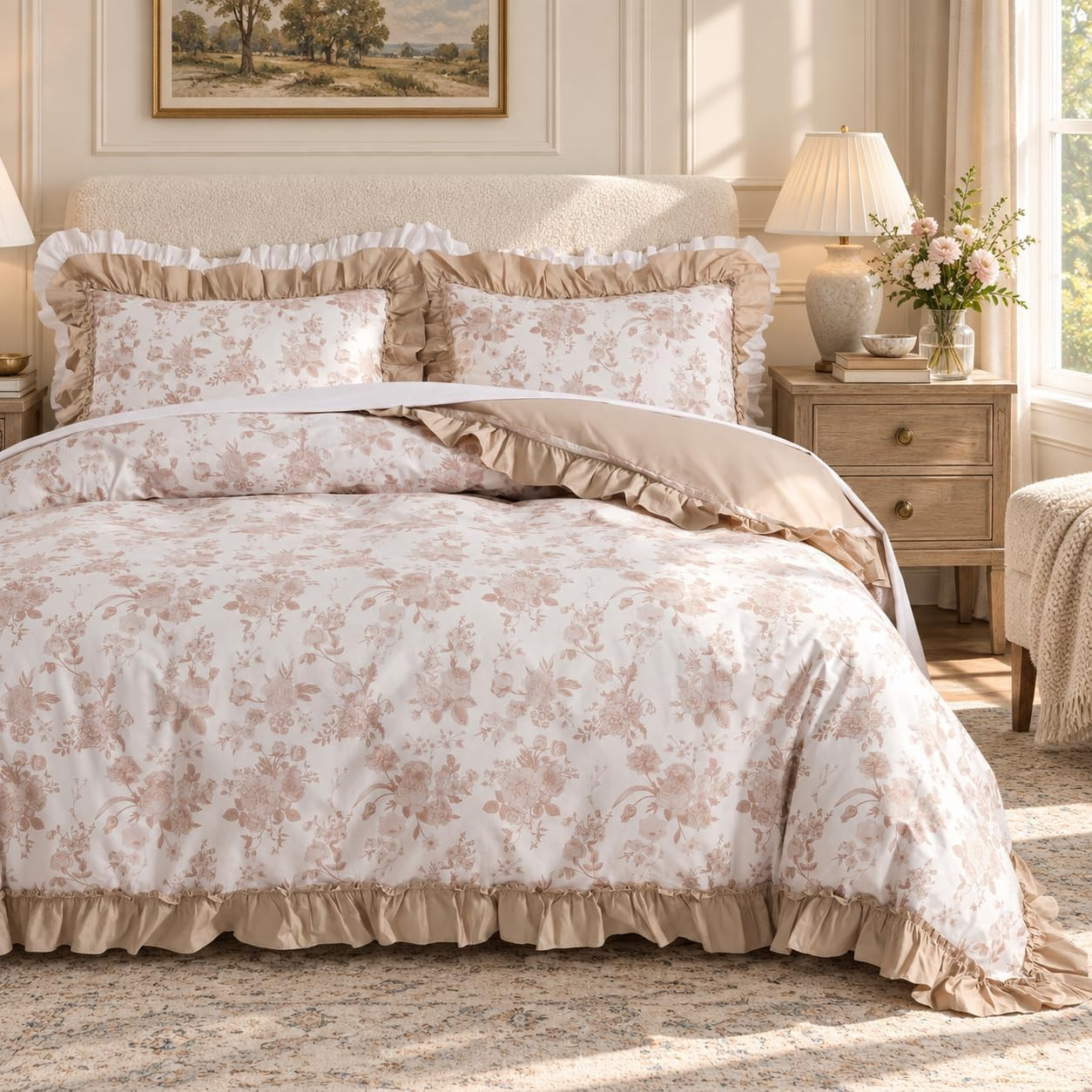 Brandream Ruffled Duvet Cover Set King, 100% Cotton Brown Floral Bedding | Amazon (US)