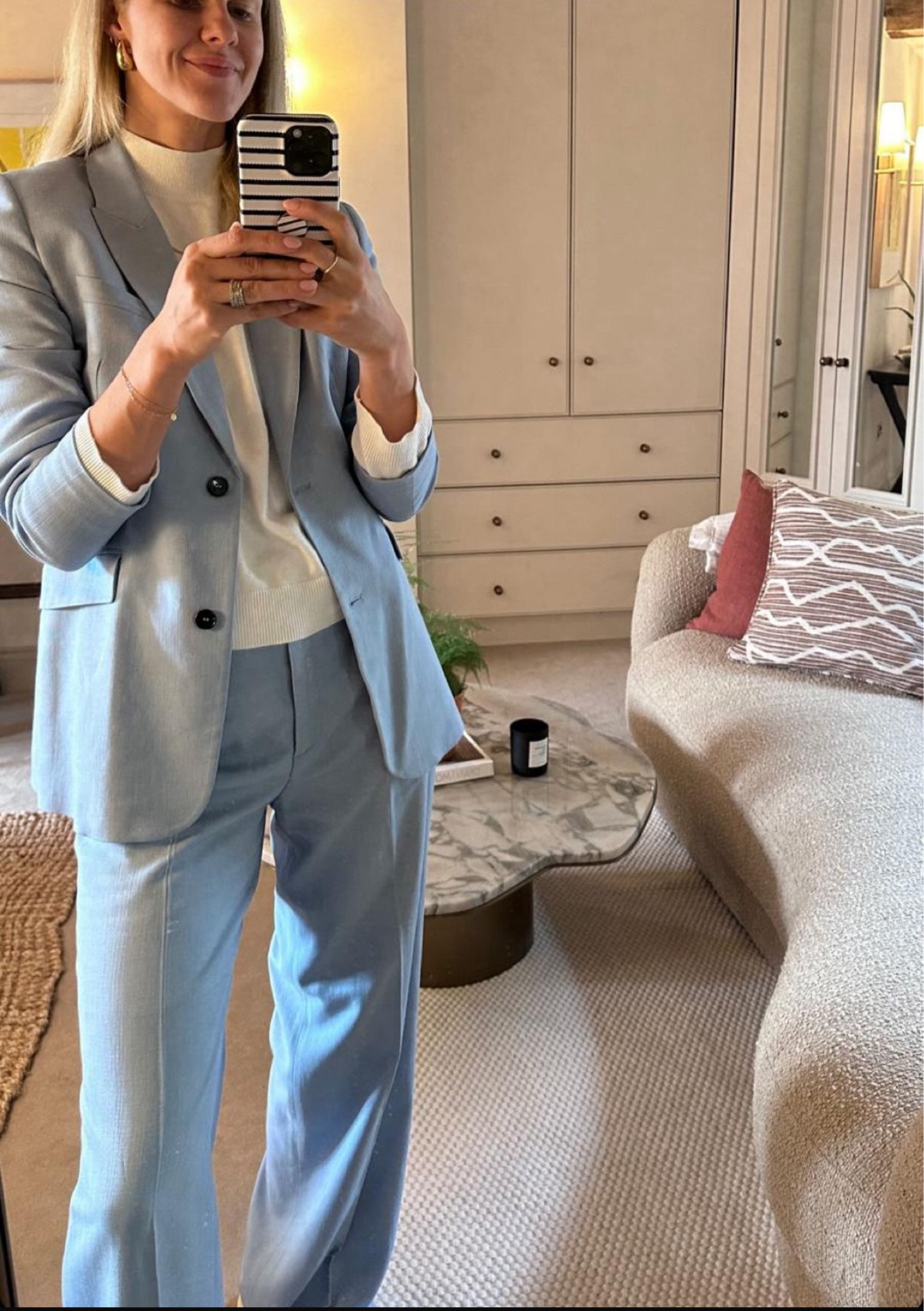 Blue suit set with a white collar neck top 

#LTKworkwear #LTKireland #LTKstyletip