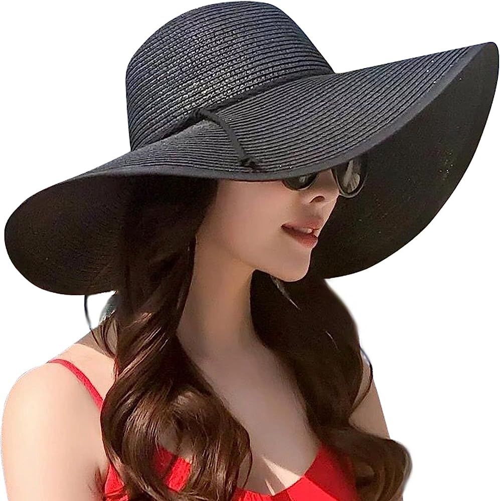 Womens Wide Brim Straw Hat Floppy Foldable Roll up Cap Beach Sun Hat UPF 50+ | Amazon (US)