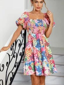 SHEIN VCAY Allover Floral Print Puff Sleeve Ruffle Hem Dress SKU: sw2212011032122473(63 Reviews)$... | SHEIN