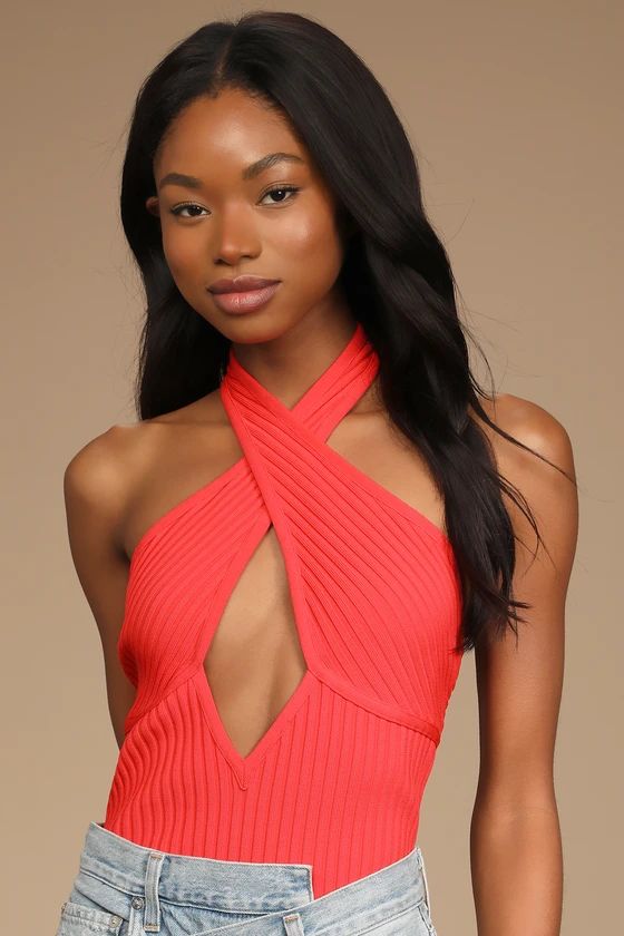 Sunny Stunner Coral Pink Ribbed Cutout Halter Bodysuit | Lulus (US)
