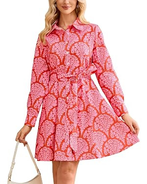 YEXPINE Women's Printed Button Down Shirt Dress Long Sleeve Collared V-Neck Belted Mini Dress wit... | Amazon (US)