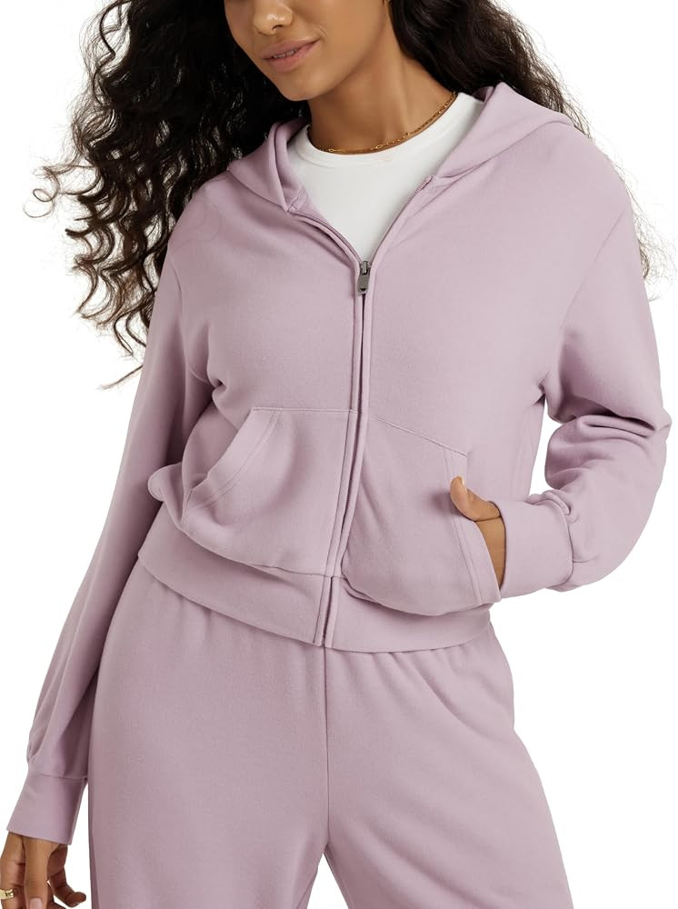 ODODOS Women's Stretch Fleece Full Zip Hoodie, Ultra-Soft Cozy Warm Long Sleeve Cropped Jacket wi... | Amazon (US)