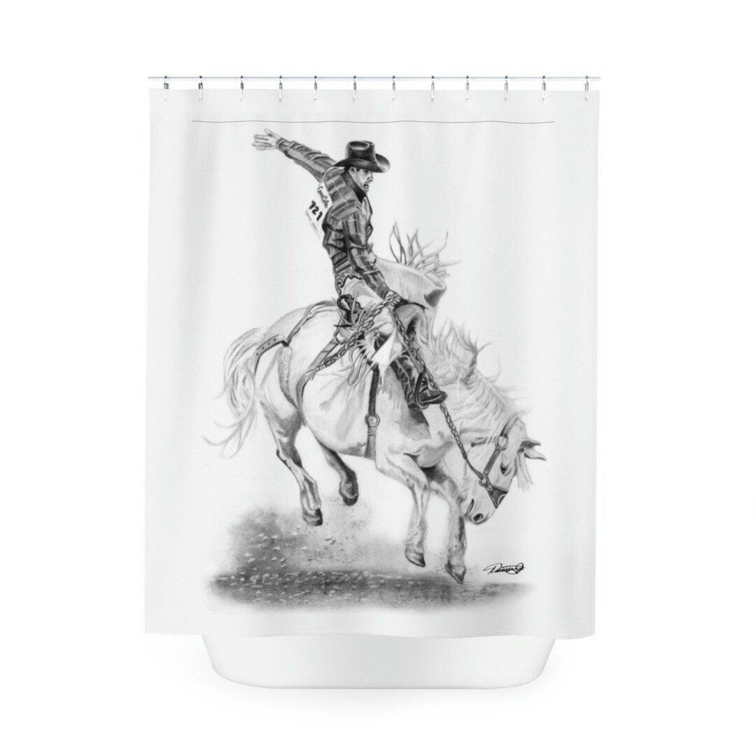 Polyester Shower Curtain Rodeo Bronc Busting Cowboy Riding Original Western Artwork From Dantel A... | Etsy (US)