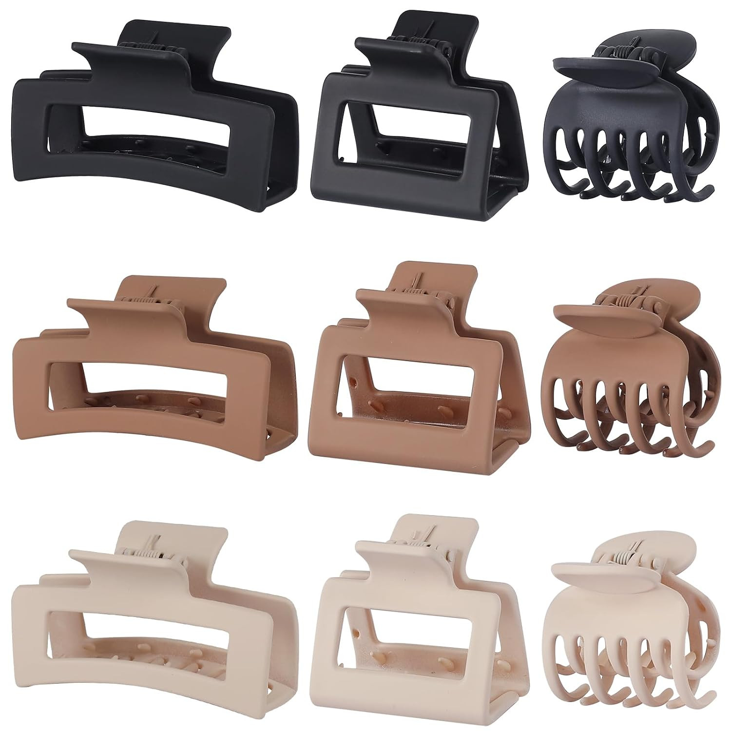 CHANDAT Medium Claw Hair Clips Set for Women - 3 Styles, 9 pcs Rectangle Clips for Thick Hair, Square Clips for Thin Hair - Brown | Amazon (US)