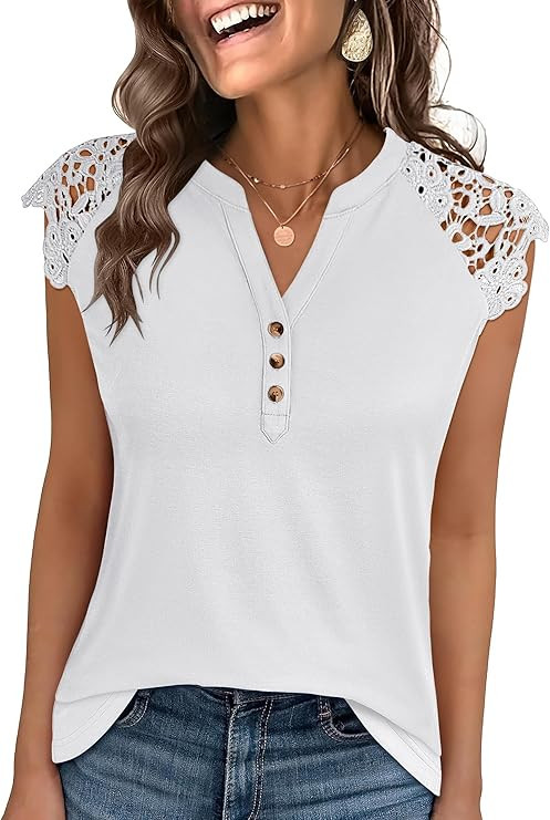 ANRABESS Womens Tops Dressy Casual Lace Cap Sleeve Henley Shirts Summer Sleeveless Button Up Blou... | Amazon (US)