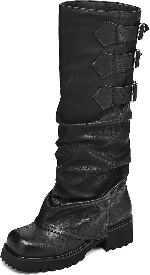 Knee High Boots for Women Fold Over Boots Slouchy Square Toe Biker Boots Platform Riding Boots Go... | Amazon (US)