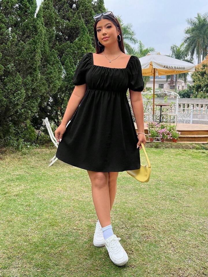 SHEIN EZwear Plus Size Square Neck Black Babydoll Resort Dress | SHEIN