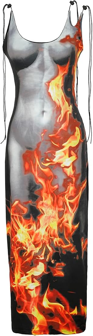 TOYNIWA Y2K 3D Body Flame Print Women's mid-Length Dress Thin Strap Sleeveless Body-Shaping Dress | Amazon (US)