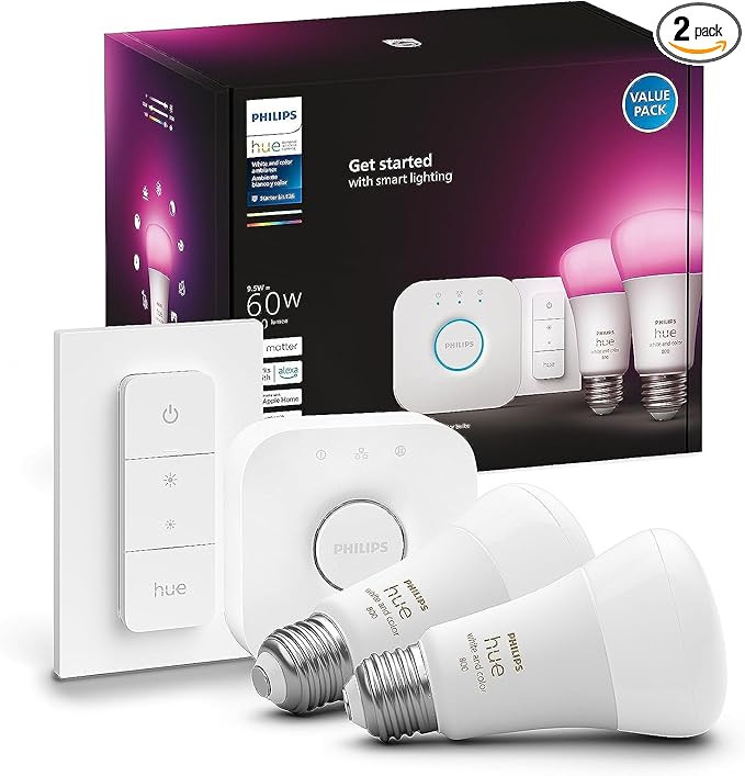 Philips Hue Smart Light Starter Kit - Includes (1) Bridge, (1) Dimmer Switch and (2) A19 LED Bulb... | Amazon (US)