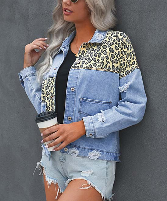 Zesica Women's Denim Jackets Sky - Sky Blue & Beige Leopard Color Block Denim Jacket - Women | Zulily