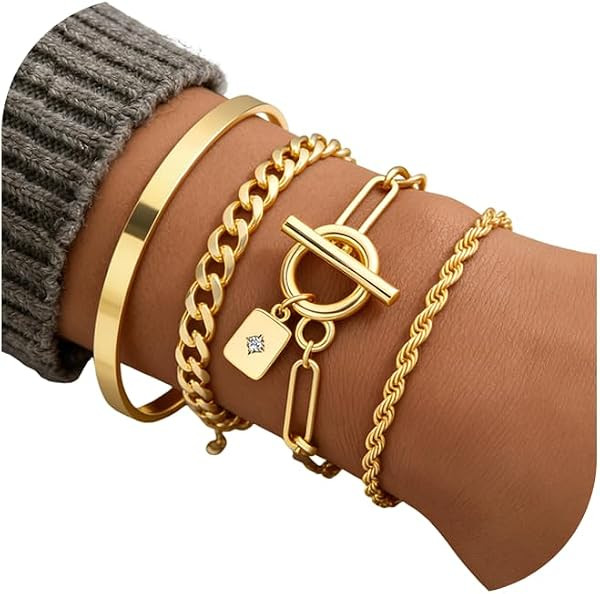 YEEZII Gold Hand Chain Bracelets for Women, 2 Pcs 14k Gold Plated Cubic Zirconia Link Chain Brace... | Amazon (US)