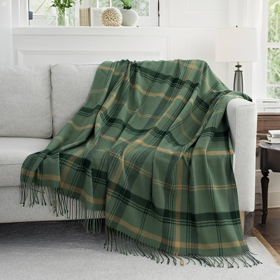 Green Plaid Throw Blanket for Couch,50"X60" Super Soft Cozy Warm Home Decorative Throws with Tass... | Amazon (US)