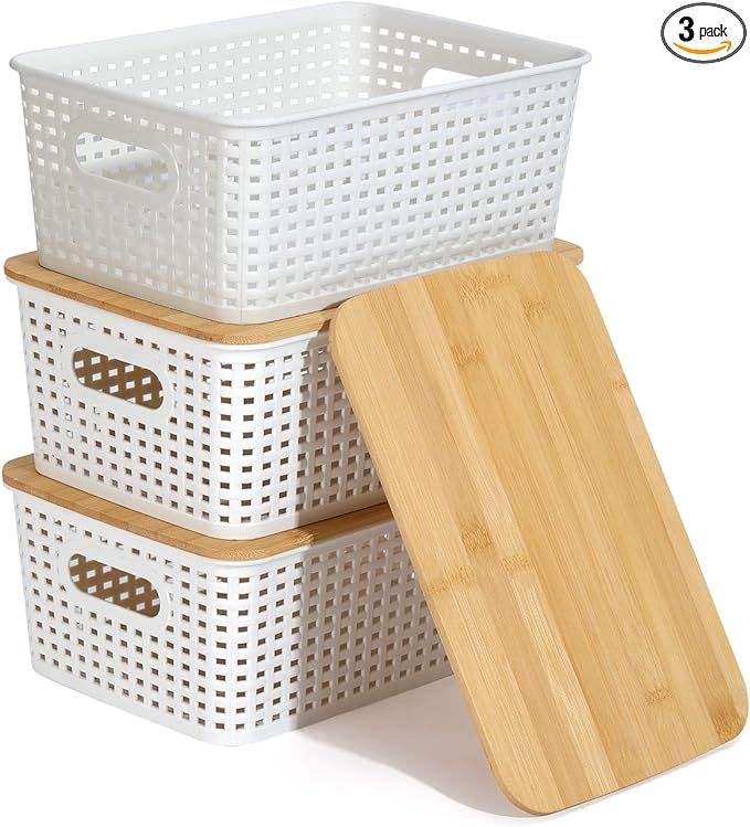 Plastic Storage Bins With Bamboo Lid Pantry Organization and Storage Baskets Containers Lidded Or... | Amazon (US)