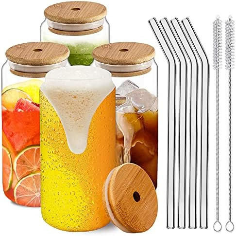 Glass Cups with Lids and Straws 16oz, Yirilan Drinking Glasses Beer Can Glasses Set of 4, Iced Co... | Amazon (US)