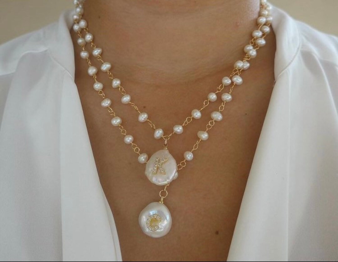 Pearl Necklace, Initial Necklace, Alphabet Necklace, Pearl Necklace, Fresh Water Pearl , Rosary C... | Etsy (US)