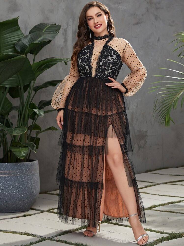 Plus Polka Dot Lace Insert Lantern Sleeve Split Thigh Mesh Dress | SHEIN