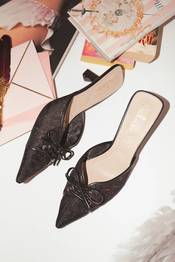 Lacey Black Lace Bow Kitten Heel Mule Pumps | Lulus