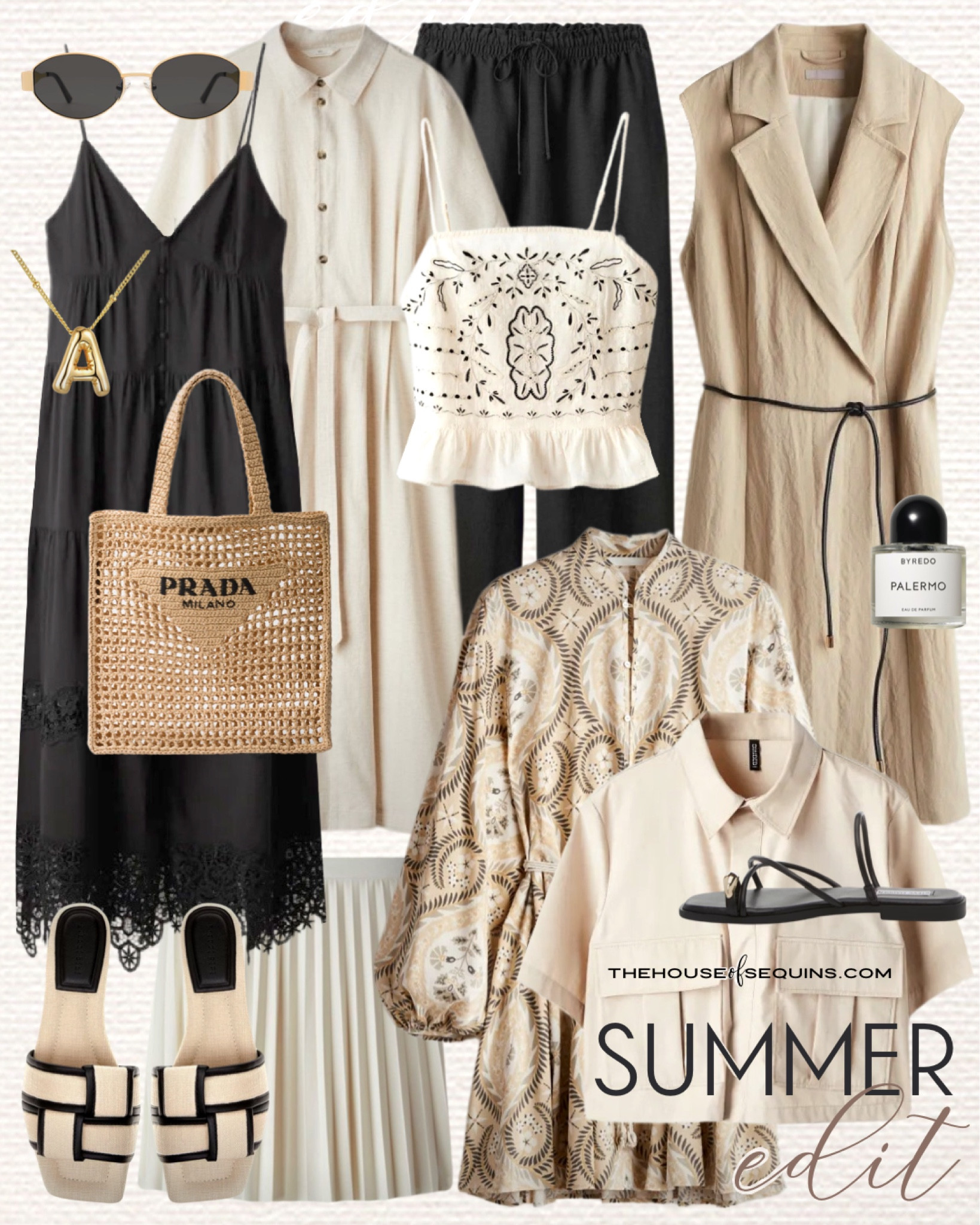 Shop these H&M Neutralsummer outfit finds! H and M cargo shirt, wrap dress, pleated shirt, linen shirt dress, lace midi dress, mini dress, embroidered cami, Prada crochet tote, Bottega sandals look for less, Steve Madden Anniston sandals and more! 

#LTKSeasonal #LTKFindsUnder50 #LTKShoeCrush