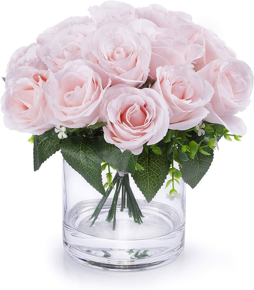 Amazon.com: ENOVA HOME Silk Open Rose Flower Arrangement in Clear Glass Vase with Faux Water (Pin... | Amazon (US)