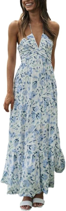 HOULENGS Women's Summer Sleeveless Halter Neck Boho Long Dress Backless Ruffle Hem Tiered Flowy M... | Amazon (US)