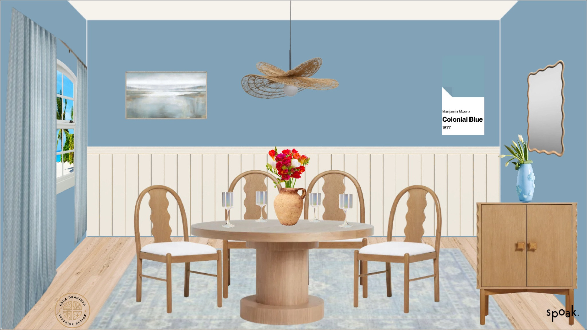 Beautiful blue dining room inspired by the sea! Gorgeous dining chairs, dining table, Pendant light from Lulu & Georgia, wall art from Arhaus, affordable rug, flower curtains, vases, bar cabinet and curvy mirror. #diningroom #homedecor #beachcoastal 

#LTKSeasonal #LTKStyleTip #LTKHome