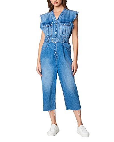 [BLANKNYC] Womens Sleeveless Denim Jumpsuit With Self Belt, Comfortable & Stylish Jumper, Puffed Up, Medium | Amazon (US)