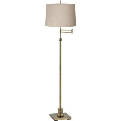 360 Lighting Swing Arm Floor Lamp 70" Tall Antique Brass Natural Linen Fabric Drum Shade for Living Room Reading Bedroom Office | Target