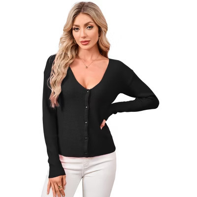 Coolmee Women's Button Down V Neck Long Sleeve Soft Knit Cardigan Sweaters L Black | Target