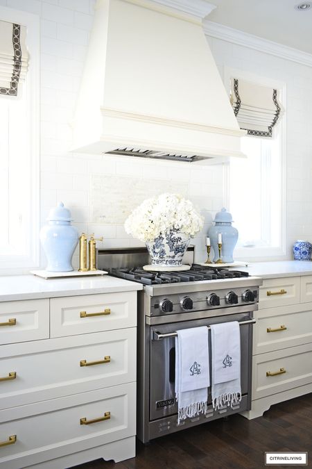 Chic spring kitchen details ! Hydrangeas, ginger jars, brass salt and pepper mills, monogrammed towels add elegance and personal touches! My towels are ‘elegant two-letter’ in winter sky 

#LTKFind #LTKstyletip #LTKhome