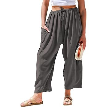 TARSE Womens Linen Wide Leg Pants Casual Loose Drawstring Summer Beach Travel Vacation Palazzo Ha... | Amazon (US)
