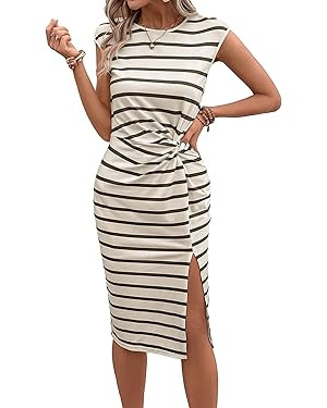 Milumia Women's Striped Twist Split Thigh Cap Sleeve Crew Neck Summer Midi Tshirt Dress | Amazon (US)