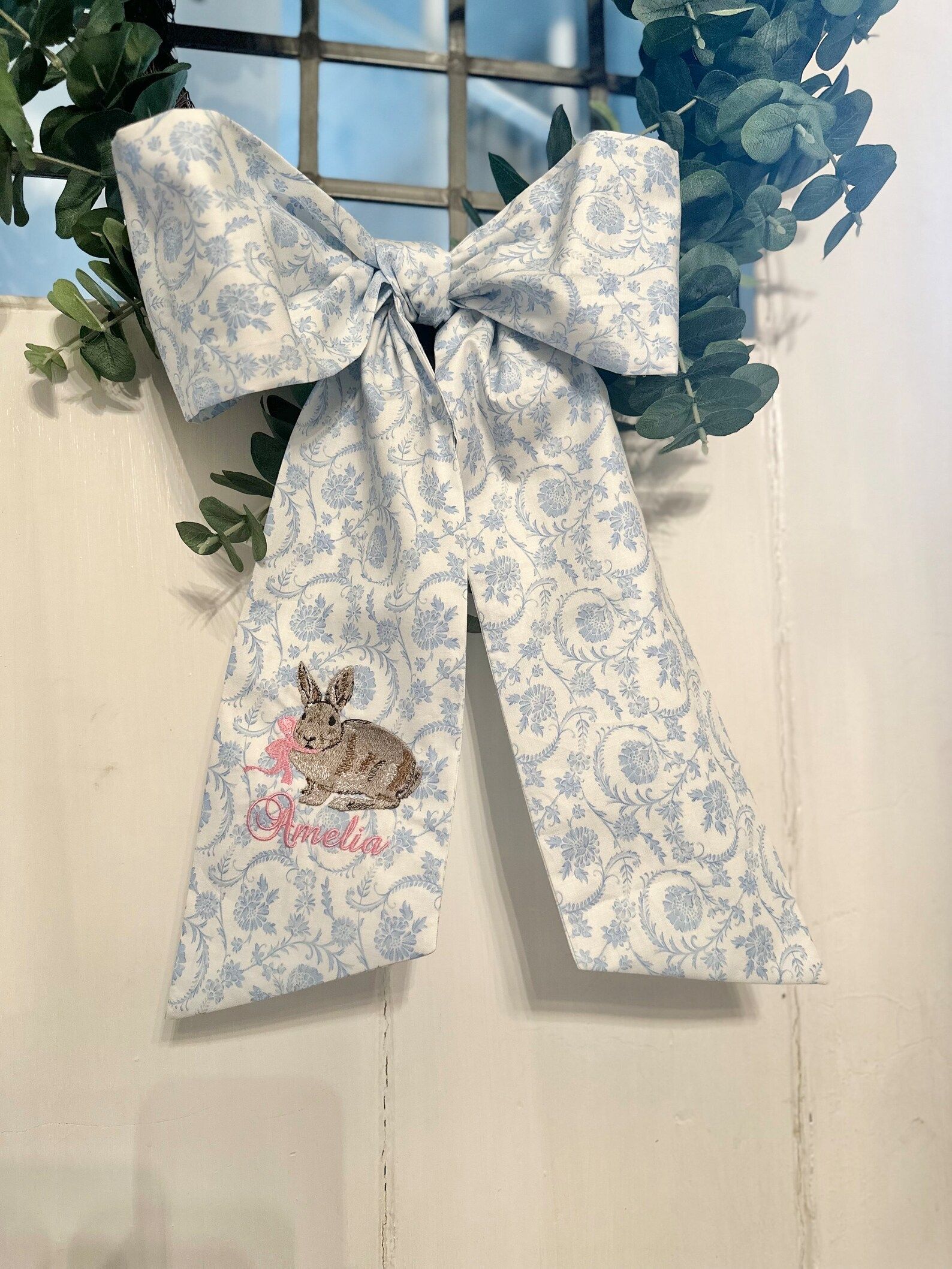 Blue Chinoiserie Easter Basket Sash With Vintage Chocolate Bunny Customizable Name and Bow Colors... | Etsy (US)