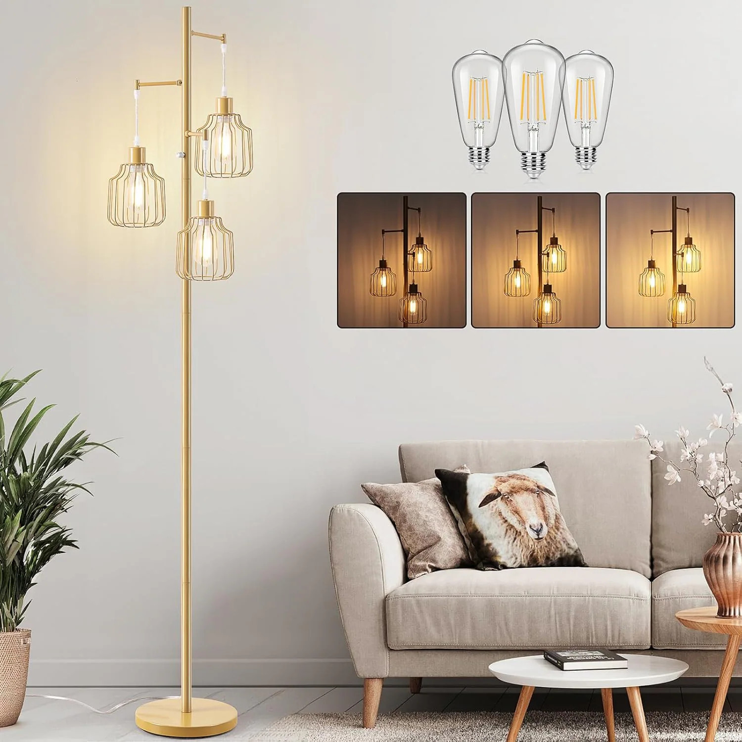 Nordic Hygge Dimmable Floor Lamp with 3 LED Edison Bulbs Farmhouse Tall Standing Lamp for Living Room Modern Gold Tree Floor Lamp Bright Vintage Pole | Lowe's