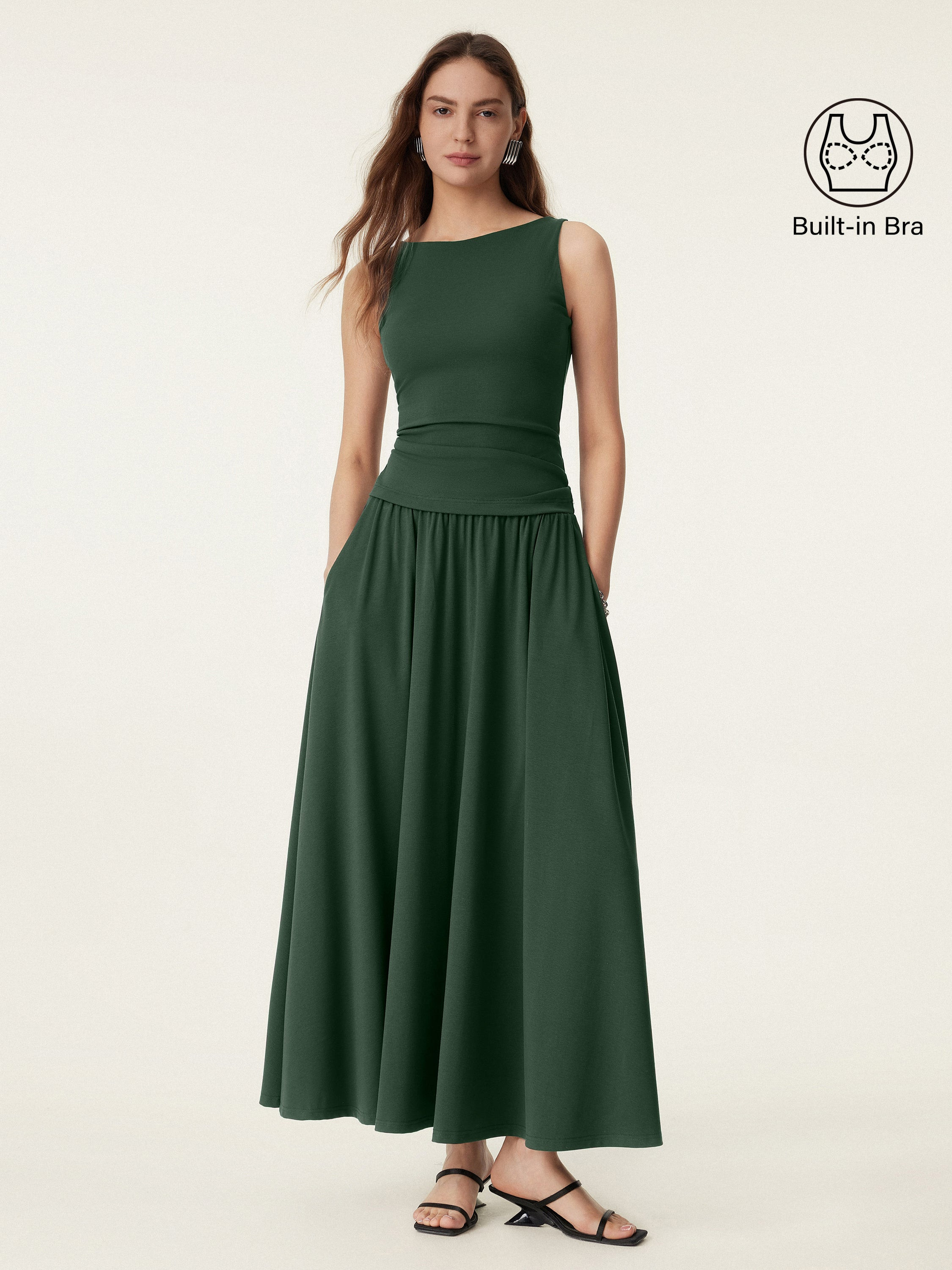 2Pcs Set Stretch Cotton Boatneck Brami Tank & Maxi Umbrella Skirt with Pockets | OGLmove