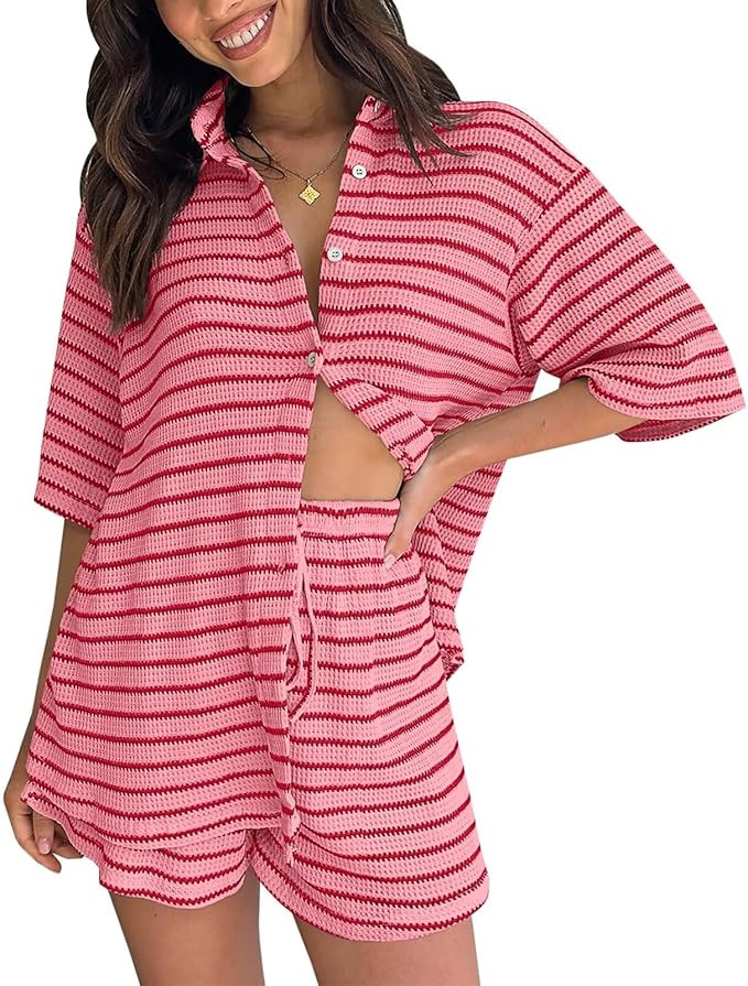 BWQ Womens 2 Piece Lounge Sets Casual Striped Knit Short Sleeve Button Down Shirt and Shorts Summ... | Amazon (US)