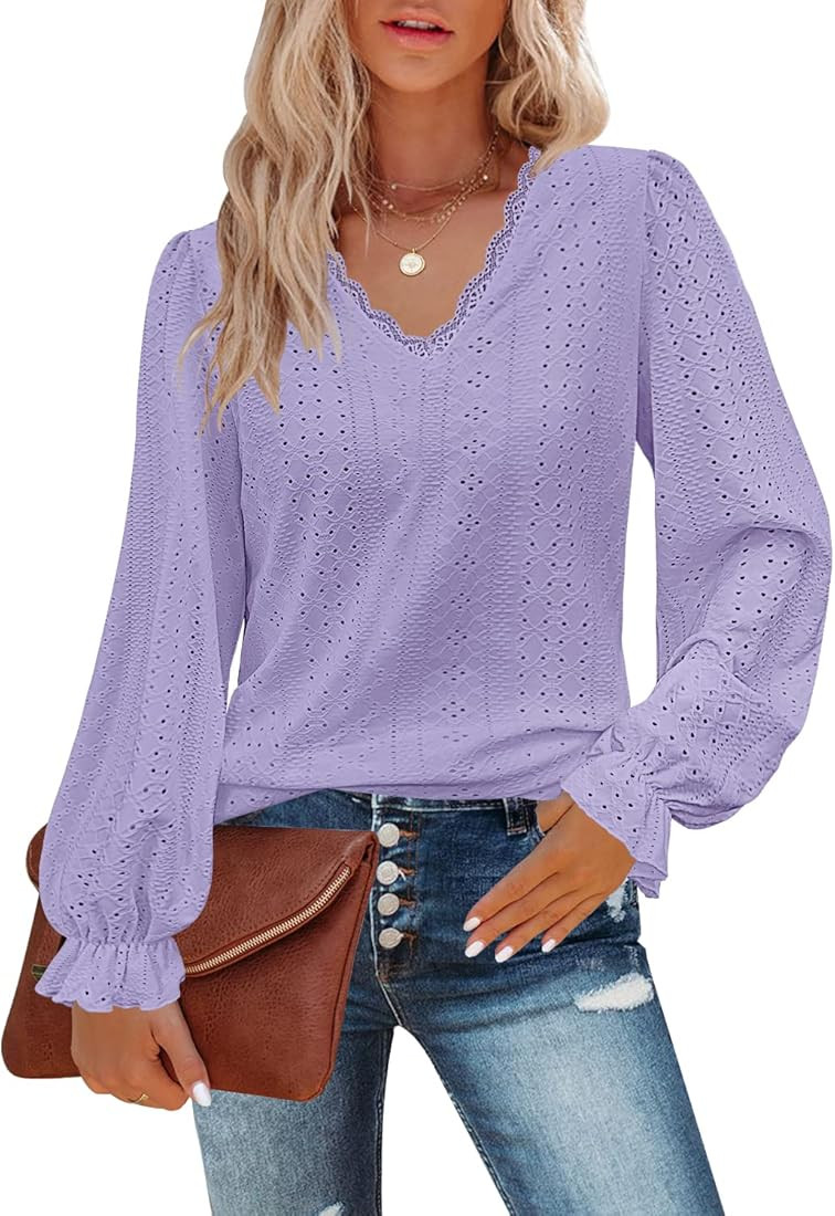 Kikula Women's Long Sleeve T Shirt Eyelet Dressy Casual V Neck Tops Blouse | Amazon (US)