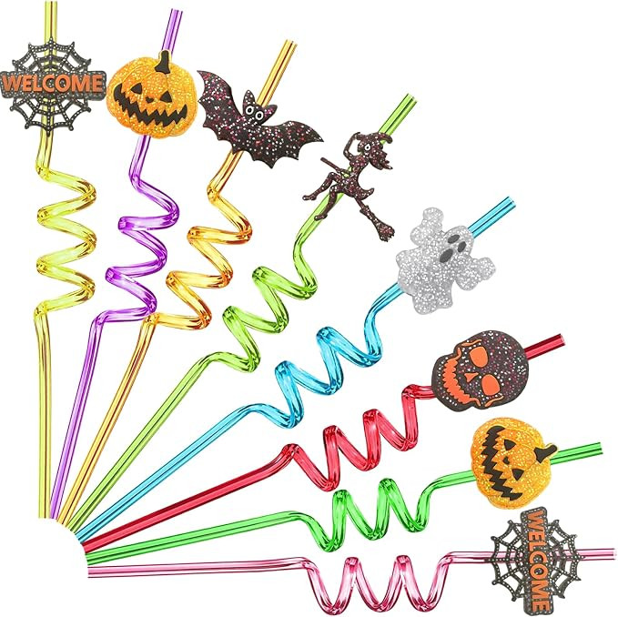 24Pcs Bling Glitter Halloween Party Favors Straws Bats Pumpkin Witch Ghost Straws for Halloween P... | Amazon (US)