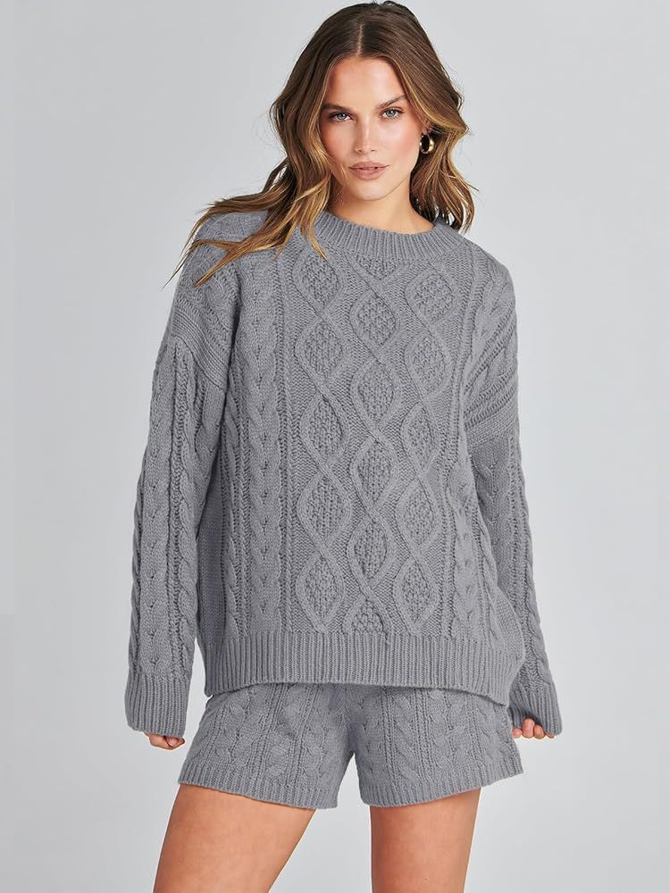 ANRABESS Women‘s 2 Piece Outfits Long Sleeve Cable Knit Chunky Oversized Pullover Sweaters 2023 Wint | Amazon (US)