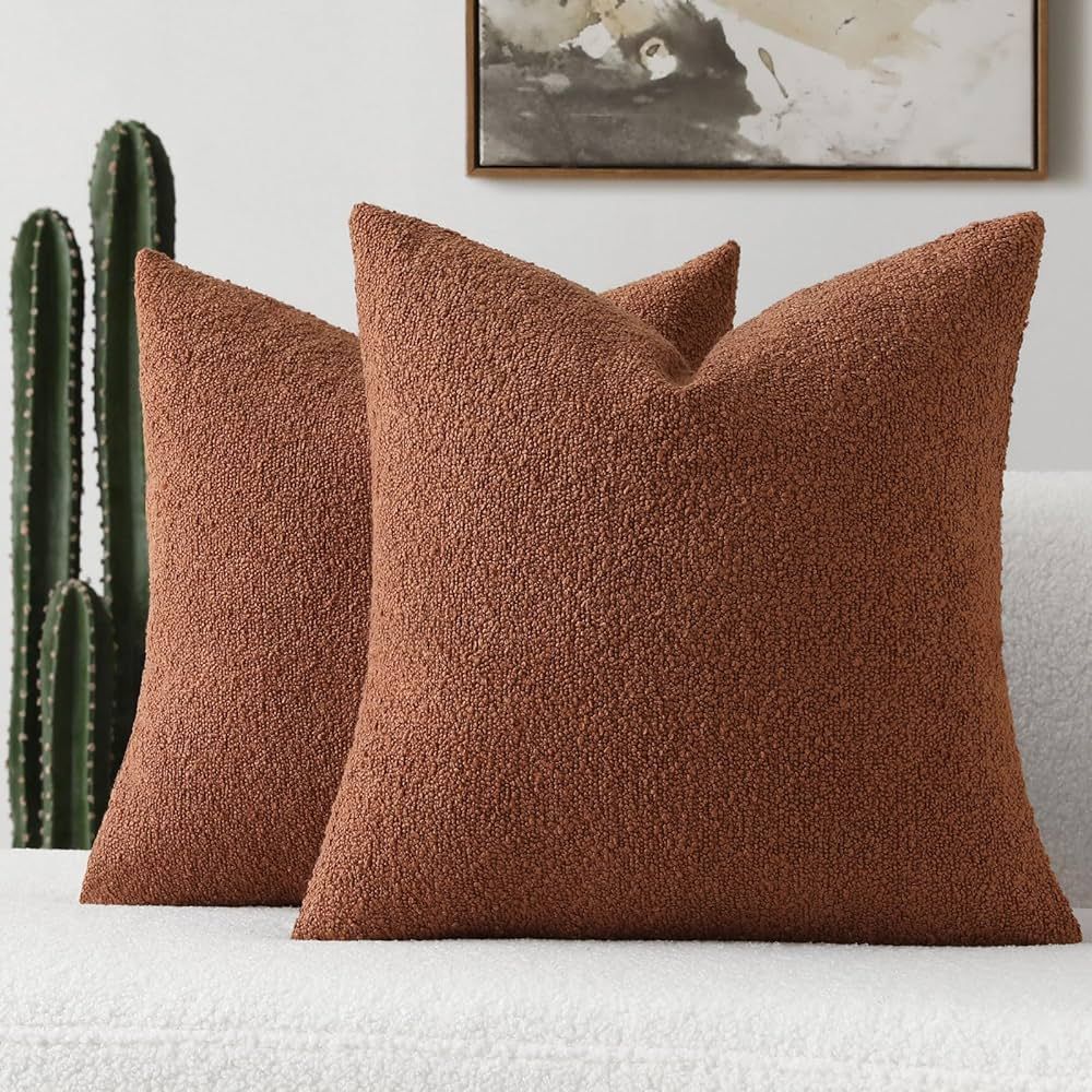 Pack of 2 Rust Boucle Accent Decorative Throw Pillow Covers,18x18 Inch Soft Solid Textured Cushio... | Amazon (US)